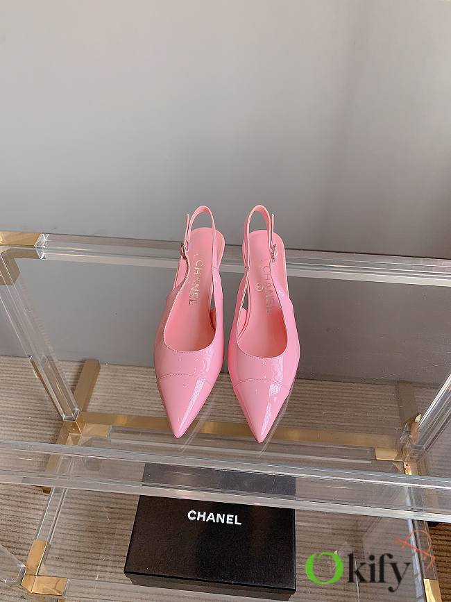 Okify Chanel Classic Sling Back Thick Heel Sandals Pink - 1