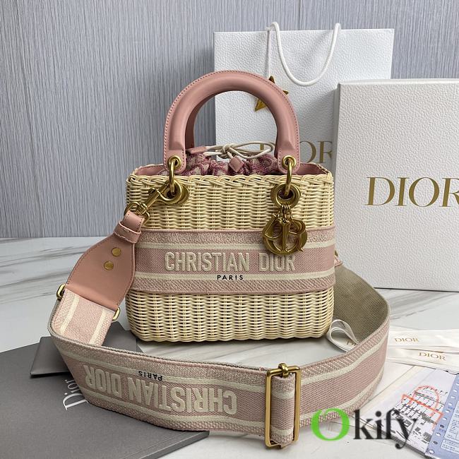 Okify Medium Lady Dior Bag Natural Wicker And Pink Dior Oblique Jacquard - 1