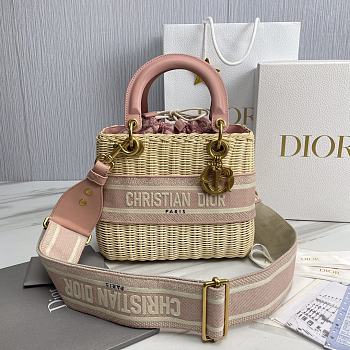 Okify Medium Lady Dior Bag Natural Wicker And Pink Dior Oblique Jacquard