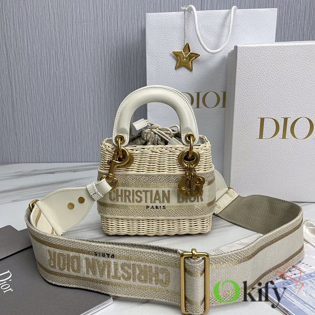 Okify Mini Lady Dior Bag Natural Wicker And White Dior Oblique Jacquard - 1
