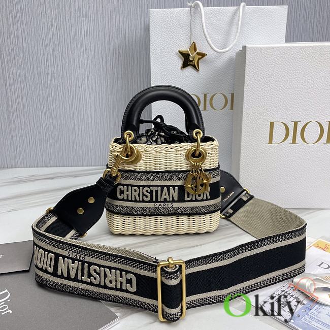 Okify Mini Lady Dior Bag Natural Wicker And Black Dior Oblique Jacquard - 1