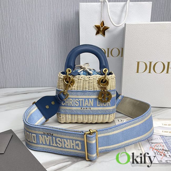Okify Mini Lady Dior Bag Natural Wicker And Blue Dior Oblique Jacquard - 1