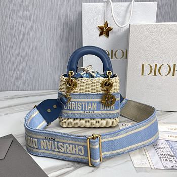 Okify Mini Lady Dior Bag Natural Wicker And Blue Dior Oblique Jacquard