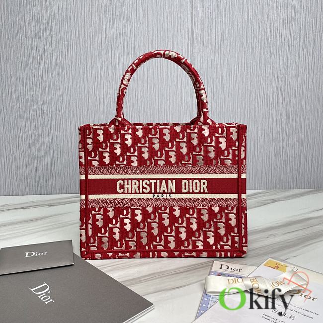 Okify Small Dior Book Tote Ecru And Red Dior Oblique Embroidery - 1