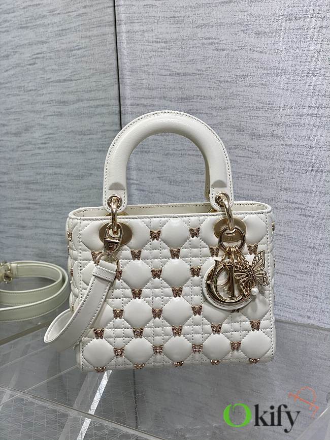 Okify Small Lady Dior Bag White Cannage Lambskin With Gold-Finish Butterfly Studs - 1