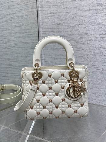 Okify Small Lady Dior Bag White Cannage Lambskin With Gold-Finish Butterfly Studs