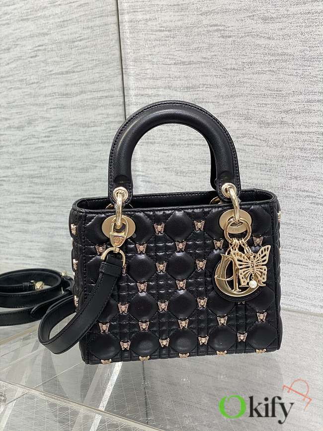 Okify Small Lady Dior Bag Black Cannage Lambskin With Gold-Finish Butterfly Studs - 1