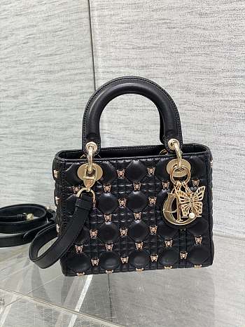 Okify Small Lady Dior Bag Black Cannage Lambskin With Gold-Finish Butterfly Studs