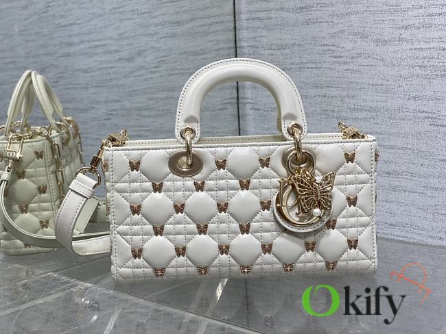 Okify Medium Lady D-Joy Bag White Cannage Lambskin With Gold-Finish Butterfly Studs - 1