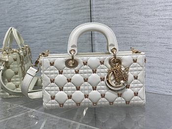 Okify Medium Lady D-Joy Bag White Cannage Lambskin With Gold-Finish Butterfly Studs