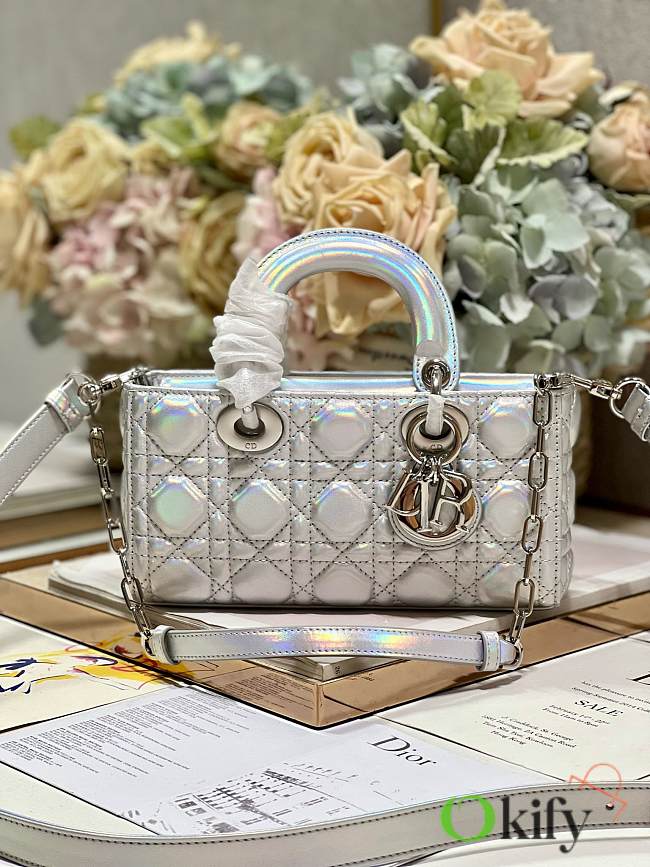 Okify Small Dior Or Lady D-Joy Bag Silver-Tone Iridescent and Metallic Cannage Lambskin - 1