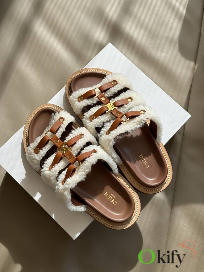 Okify Celine Tippi Slides In Shearling And Calfskin Brown - 1