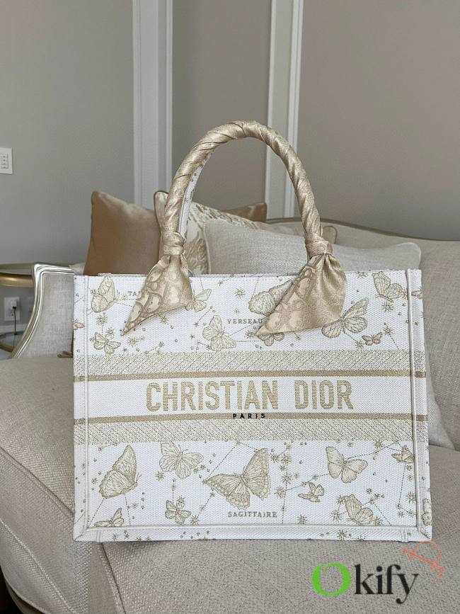 Okify Medium Dior Book Tote Gold-Tone and White Butterfly Zodiac Embroidery - 1