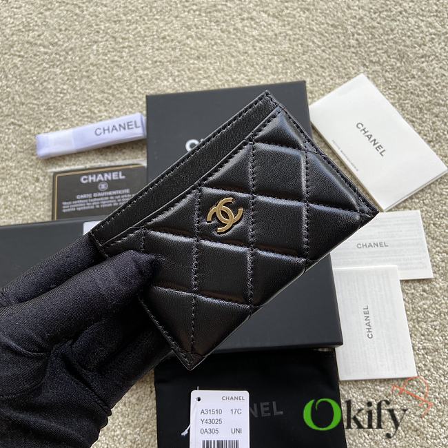 Okify Chanel Card Holder Quilted Diamond Lambskin Black Gold Hardware - 1