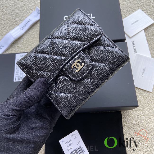 Okify Chanel Classic Small Flap Wallet Quilted Diamond Caviar Black Silver - 1