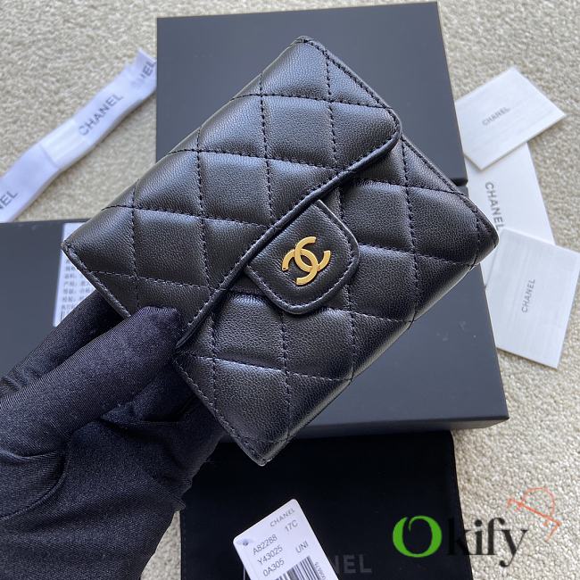 Okify Chanel Classic Small Flap Wallet Quilted Diamond Lambskin Black Gold - 1