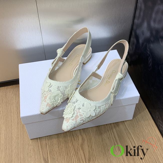 Okify Dior J'Adior Slingback Flat Transparent Mesh Embroidered With White - 1