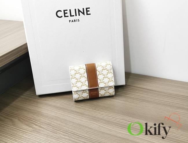 Okify Celine Small Trifold Wallet In Triomphe Canvas And Lambskin White/Tan - 1