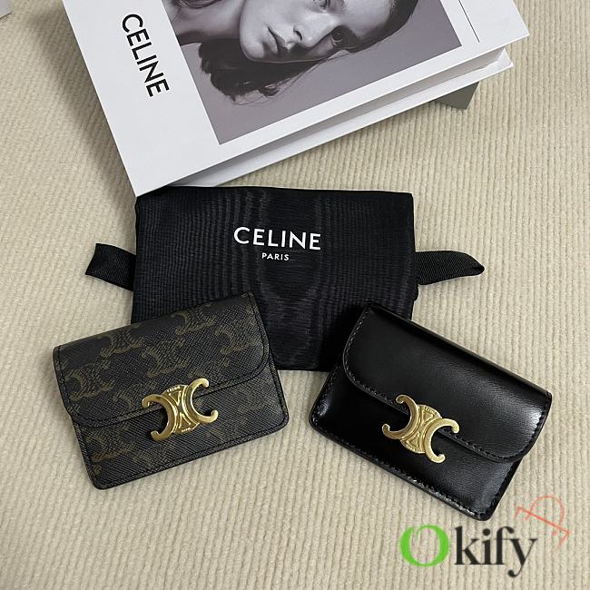 Okify Celine Card Holder With Flap Triomphe In Shiny Calfskin Black / Triomphe Canvas Tan - 1