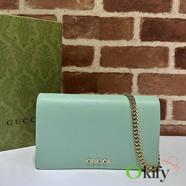 Okify Gucci Chain Wallet With Gucci Script Pale Green Leather  - 1