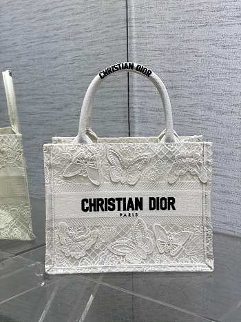 Okify Small Dior Book Tote White D-Lace Butterfly Embroidery With 3d Macrame Effect
