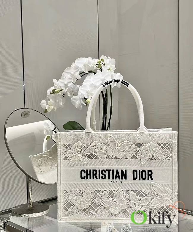 Okify Medium Dior Book Tote White D-Lace Butterfly Embroidery With 3d Macrame Effect - 1