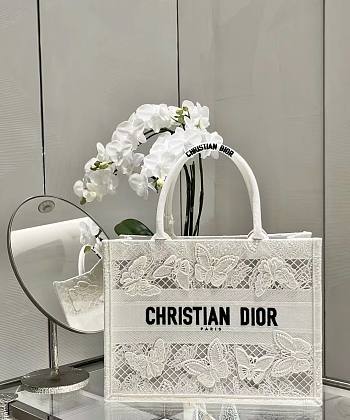 Okify Medium Dior Book Tote White D-Lace Butterfly Embroidery With 3d Macrame Effect