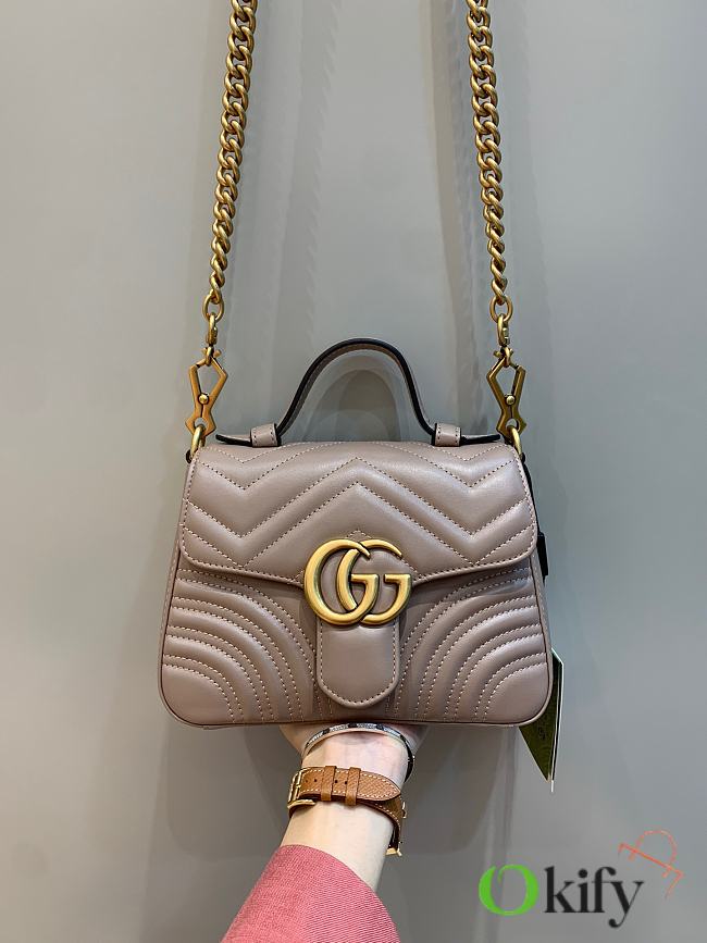 Okify Gucci GG Marmont Mini Top Handle Bag Nude Chevron Leather With Heart - 1