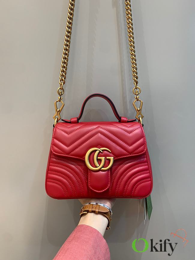 Okify Gucci GG Marmont Mini Top Handle Bag Red Chevron Leather With Heart - 1