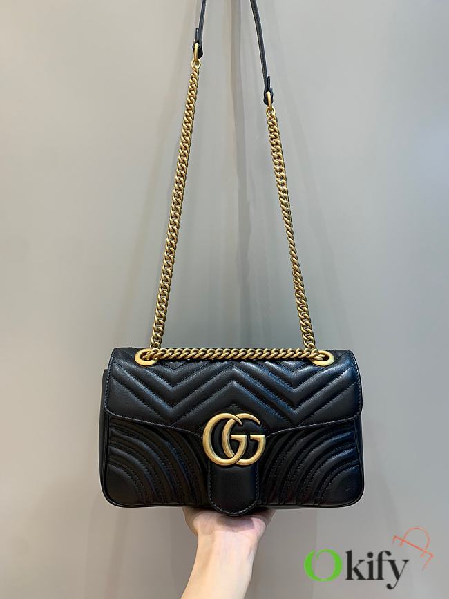 Okify Gucci GG Marmont Small Shoulder Bag Black Chevron Leather Gold Hardware - 1