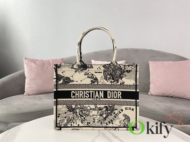 Okify Dior Medium Dior Book Tote Latte and Black Dior Zodiac Embroidery - 1