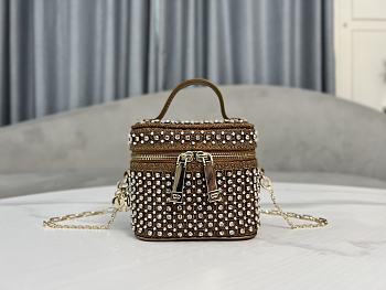Okify Lady Dior Micro Vanity Case Square-Pattern Embroidery Set With Strass And White Round Beads