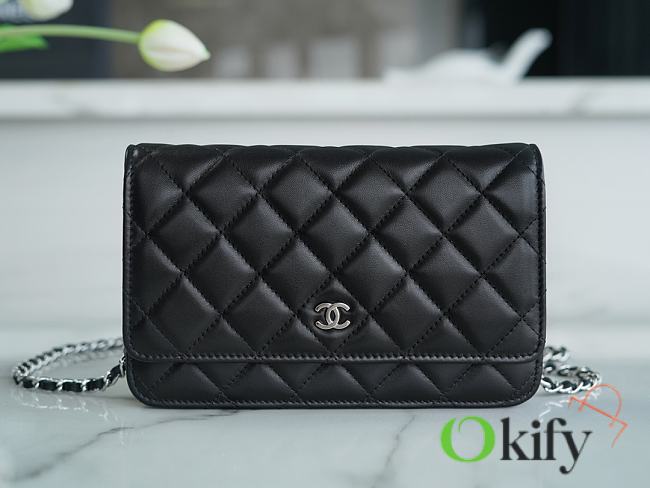 Okify CC Classic Quilted Wallet on Silver Chain Black Lambskin  - 1