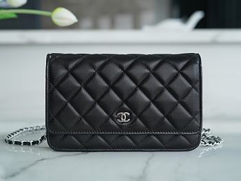 Okify CC Classic Quilted Wallet on Silver Chain Black Lambskin 