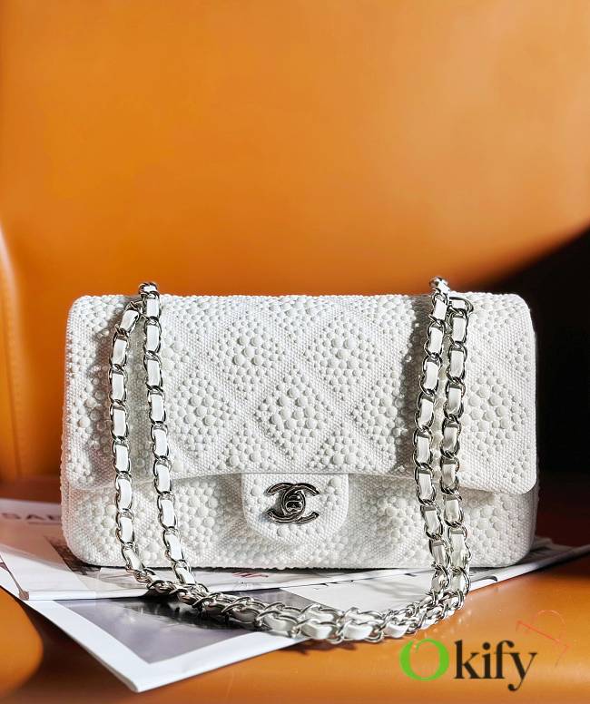 Okify CC Quilted Pearl Medium Flap White with Silver Hardware - 1