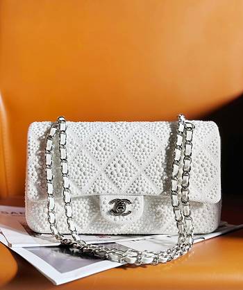 Okify CC Quilted Pearl Medium Flap White with Silver Hardware