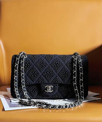 Okify CC Quilted Pearl Medium Flap Black with Silver Hardware