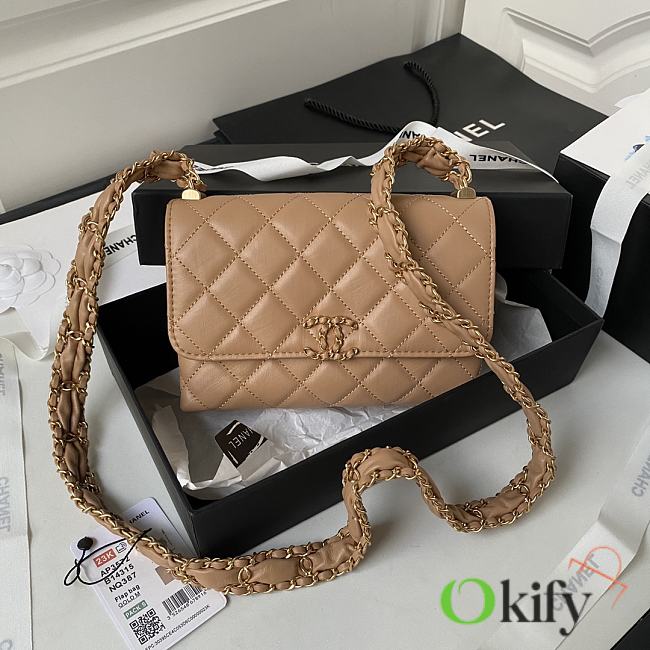 Okify CC Clutch With Chain Crumpled Calfskin & Gold Tone Metal Brown - 1