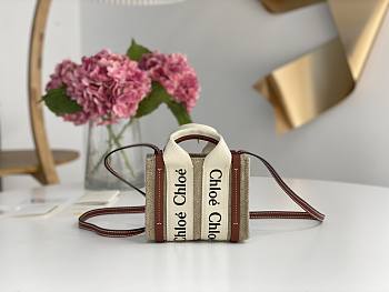 Okify Chloé Woody Nano Tote Linen Canvas & Shiny Calfskin With Woody Ribbon White & Brown