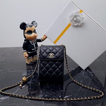 Okify CC Lambskin Quilted Vertical Pearl Crush Flap with Chain Black