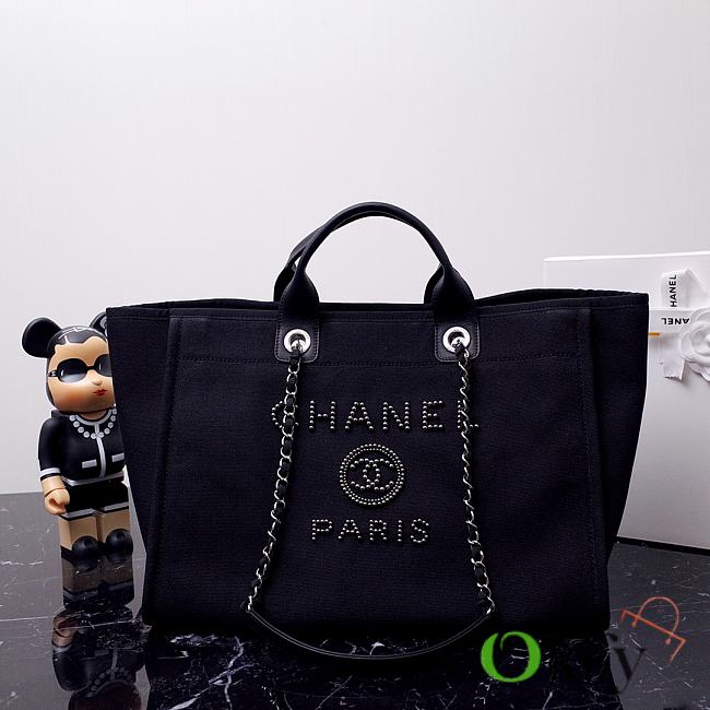 Okify CC Canvas Large Deauville Pearl Tote Bag Black - 1