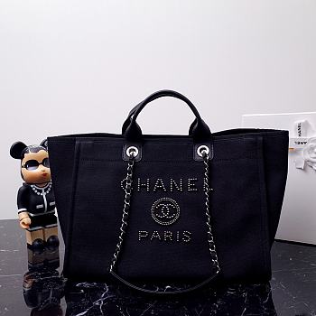 Okify CC Canvas Large Deauville Pearl Tote Bag Black