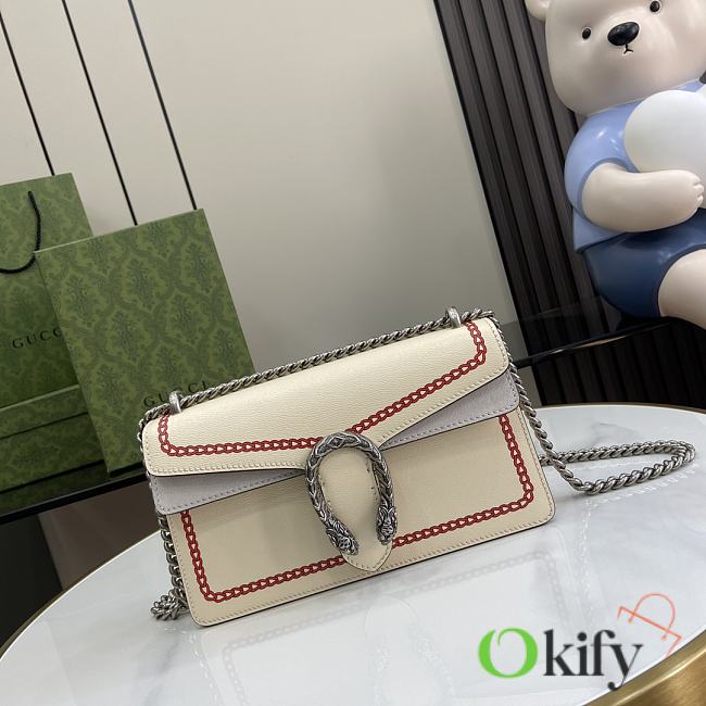 Okify Dionysus Small Rectangular Bag Ivory Leather Red Chain Print Trim - 1