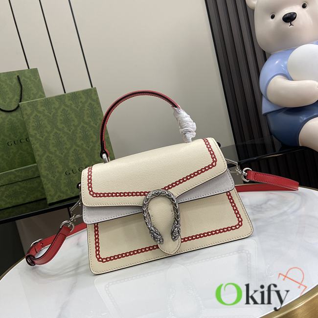 Okify Small Dionysus Top Handle Bag Ivory Leather Red Chain Print Trim - 1