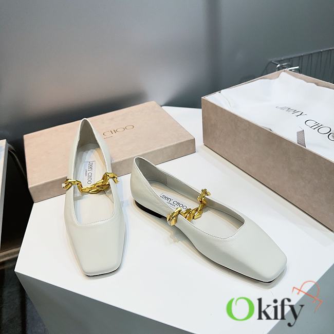 Okify Jimmy Choo Diamond Tilda Flat White Nappa Leather Flats with Chain - 1