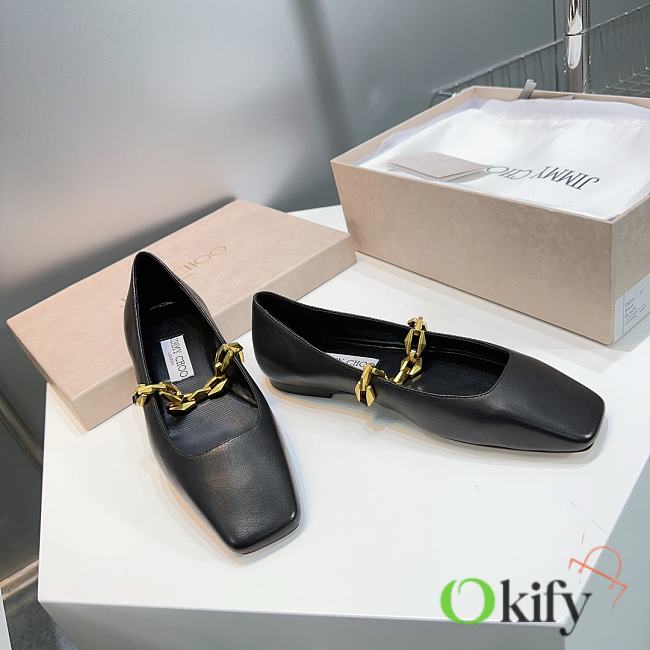 Okify Jimmy Choo Diamond Tilda Flat Black Nappa Leather Flats with Chain - 1