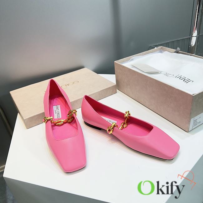 Okify Jimmy Choo Diamond Tilda Flat Pink Nappa Leather Flats with Chain - 1