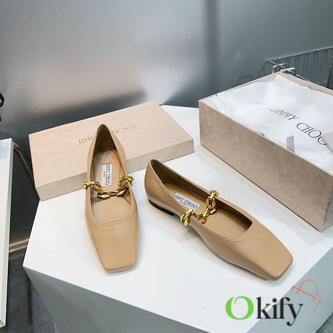Okify Jimmy Choo Diamond Tilda Flat Beige Nappa Leather Flats with Chain - 1