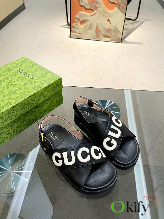 Okify Gucci Logo Leather Sandal Black - 1