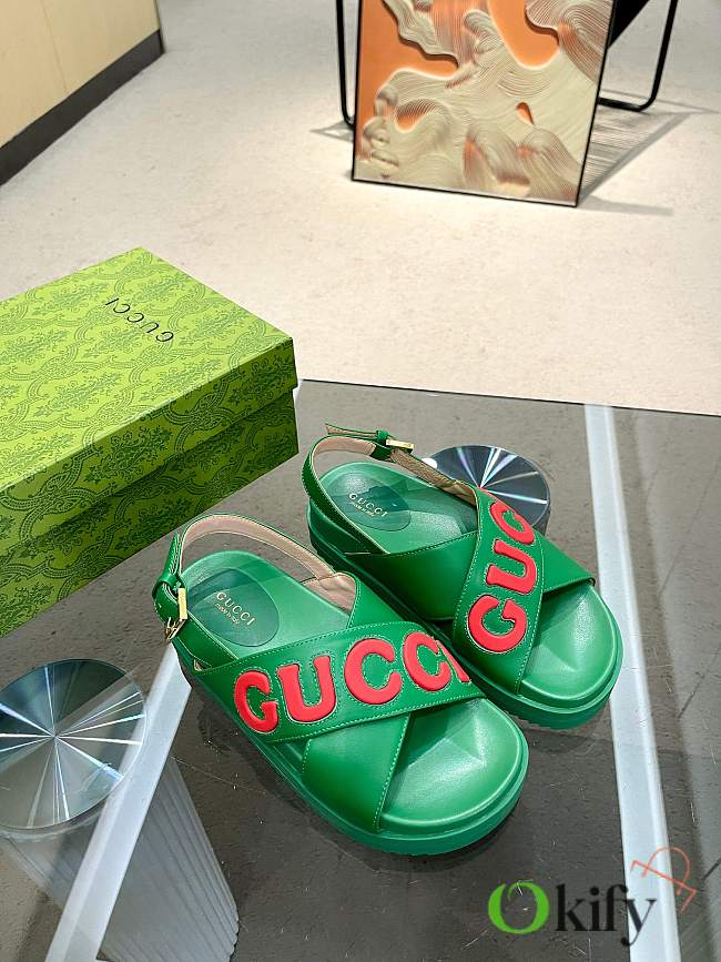 Okify Gucci Logo Leather Sandal Green - 1